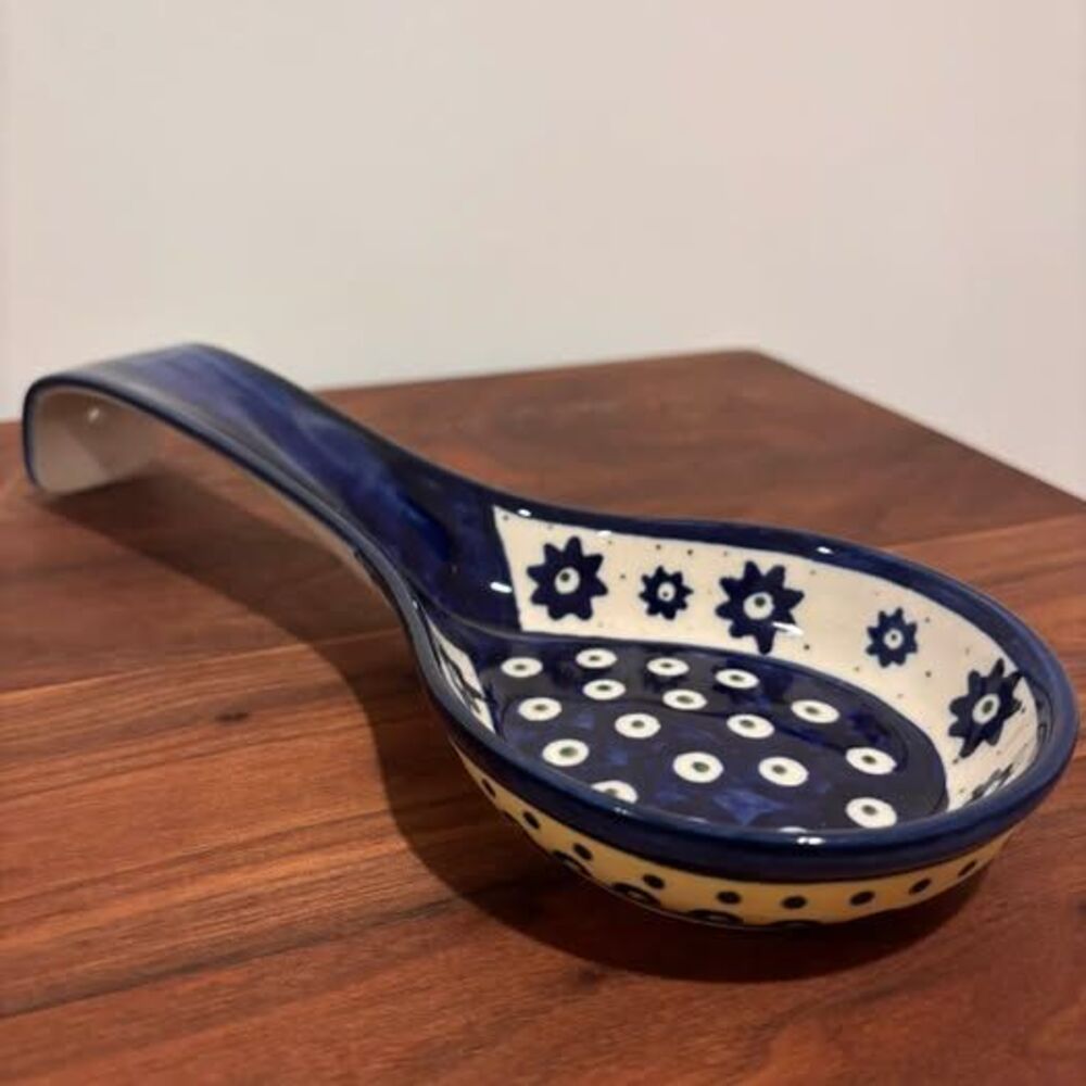 Vintage Boleslawiec Wiza Polish Pottery 11” Spoon Rest Blue Sun & Yellow Scroll